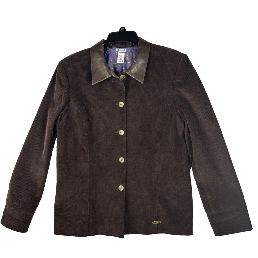 Austin Reed Coat Womens Jacket Medium Brown Corduroy Leather Trim